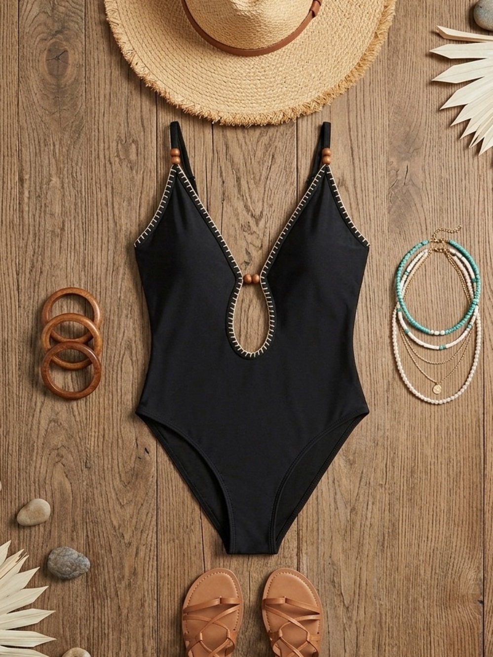 Shade & Shore Black Beaded Plunge One Piece Swimsuit